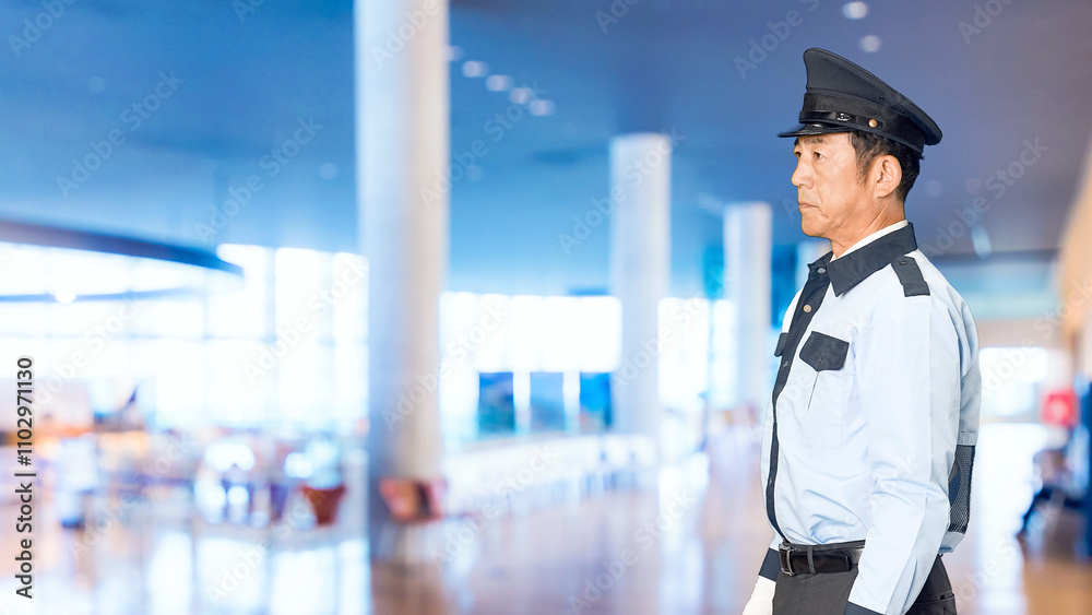 Leinwandbilder 警察官、警察、パトロール、警官、セキュリティ、警備員、男性、制服、警備、日本人、見張り、守衛、門番、監視、警戒、見守り、立つ、横顔、検問、警備会社、防犯、防災、ガードマン、お巡りさん、交番、巡査、保安、職業、仕事、アルバイト、中年、ミドルエイジ、見回り、巡回、取り締まり、安全、イベント、税関、通関、公務員、ホームセキュリティ、スローモーション、施設、ビル、ホール、レストラン、ラウンジ、病院、美術館
