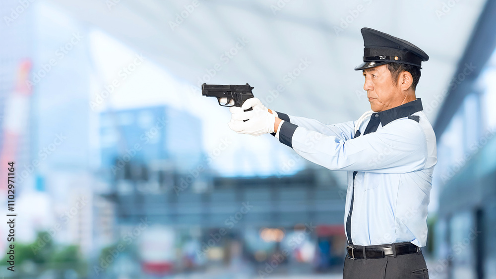 Leinwandbilder 警察官、警察、警官、パトロール、セキュリティ、軍隊、拳銃、ピストル、発砲、射撃、訓練、警備員、警戒、犯罪、防犯、日本人、男性、危険、ハンドガン、緊急、自衛官、機動隊、犯人、現行犯、制圧、警告、トレーニング、警備、保安、ボディガード、巡回、監視、取り締まり、警備会社、制服、お巡りさん、交番、逮捕、犯行、現場、巡査、スローモーション、駅、駅前、都市、治安、社会、都会、繁華街、人物