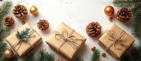 Fototapeta premium Gift wrapping materials and decorative accessories arranged with pine cones and ornaments on a festive backdrop of white and greenery.