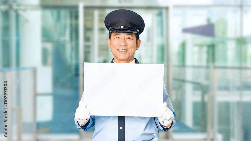 Fototapete 警備員、警察、警察官、メッセージ、ボード、フリップ、日本人、男性、笑顔、歓迎、出迎え、案内、ガイド、告知、お知らせ、白紙、カード、セキュリティ、警備、警備会社、防犯、防災、制服、守衛、職業、仕事、アルバイト、中年、ミドルエイジ、パトロール、交通安全、取り締まり、見守り、安全、安心、教室、説明、紹介、広告、宣伝、標語、スローガン、スローモーション、ビル、施設、役所、エントランス、入口、報告、人物