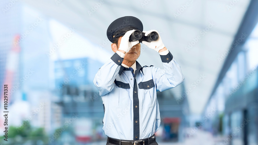 Poster 警察、警察官、パトロール、セキュリティ、安全、警備員、男性、双眼鏡、監視、警戒、警備、観察、巡回、日本人、警備会社、防犯、防災、制服、守衛、ガードマン、門番、見回り、取り締まり、見守り、職業、仕事、アルバイト、中年、ミドルエイジ、見る、探す、探索、捜索、発見、インフラ、老朽化、現場、建設、望遠鏡、見張る、上半身、スローモーション、駅、駅前、都市、治安、社会、都会、繁華街、人物