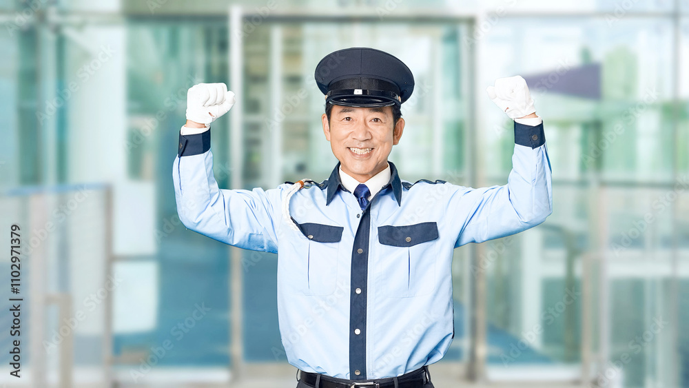 Leinwandbilder 警察官、セキュリティ、制服、警察、パトロール、安全、警備員、男性、ガッツポーズ、元気、やる気、パワフル、気合い、警備、日本人、中年、ミドルエイジ、職業、仕事、アルバイト、警備会社、防犯、防災、守衛、ガードマン、門番、巡回、監視、取り締まり、見守り、交番、チャレンジ、挑戦、目標、表彰、賃上げ、やりがい、パワー、嬉しい、喜ぶ、楽しい、スローモーション、ビル、エントランス、施設、ホール、駅、通路、イベン