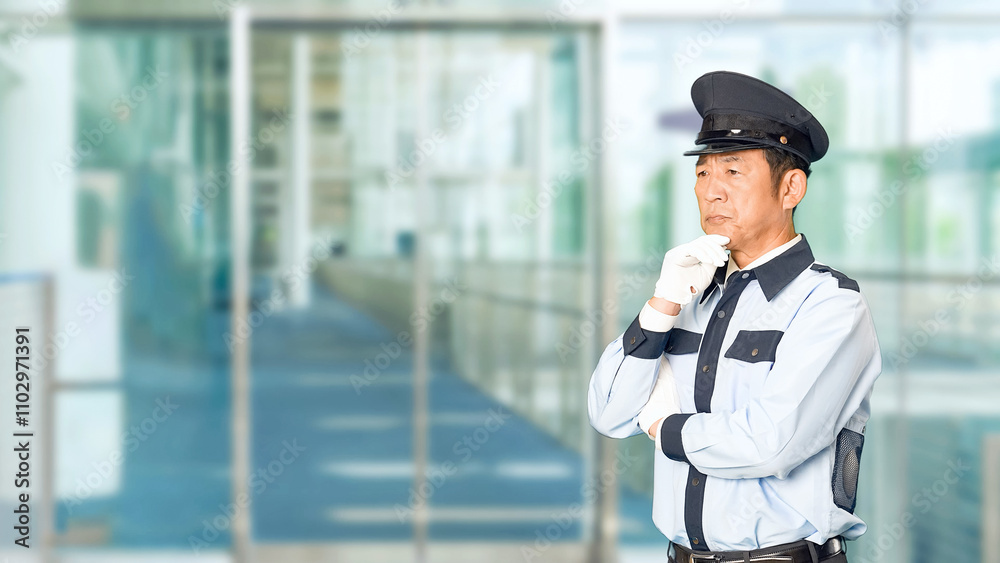 Aufkleber 警察官、警察、パトロール、セキュリティ、ガードマン、警備員、悩む、考える、犯罪、規制、困る、問題、トラブル、警備、警備会社、防犯、防災、男性、制服、守衛、門番、お巡りさん、職業、仕事、アルバイト、中年、ミドルエイジ、日本人、巡回、監視、取り締まり、見守り、安全、悩み、疑問、心配、不安、不満、課題、警戒、迷う、スローモーション、ビル、エントランス、施設、ホール、駅、通路、イベント、人物