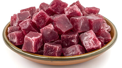 A bowl of vibrant red, cube-shaped candies or jellies.  The glossy texture and rich color are captivating, suggesting a sweet and delicious treat.
