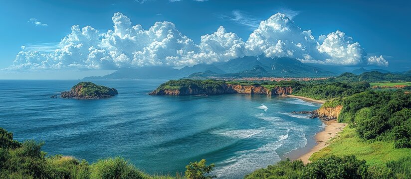 Panoramic view from Buraco do Inferno showcasing a serene estuary island under a vibrant summer sky with scattered clouds and lush greenery