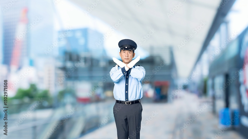 Aufkleber 警察官、警備員、禁止、ストップ、バツ、違反、違法、ダメ、取り締まり、警備、セキュリティ、危険、リスク、立入禁止、男性、日本人、罰則、法律、ルール、全身、警備会社、防犯、防災、制服、守衛、ガードマン、門番、見張り、パトロール、監視、麻薬、覚醒剤、厳禁、間違い、NG、禁煙、お断り、通関、検問、仕事、規制、スローモーション、駅、駅前、都市、治安、社会、都会、繁華街、人物