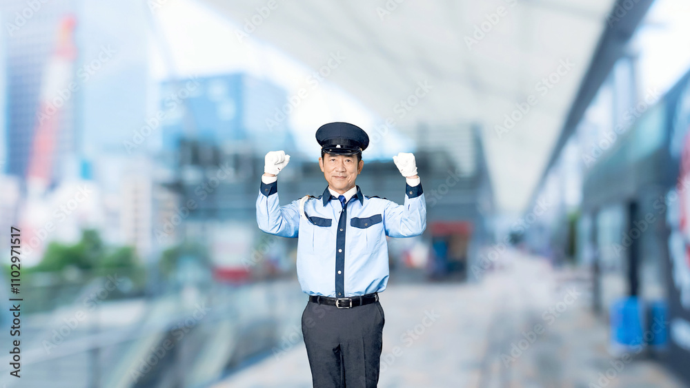 Poster 警察、警察官、セキュリティ、安全、パトロール、男性、ガッツポーズ、警備員、日本人、全身、警備、やる気、元気、パワフル、パワー、モチベーション、努力、頑張る、信頼、安心、制服、警備会社、防犯、防災、守衛、ガードマン、門番、見張り、保安、ボディガード、交通整理、工事現場、建設、働く、仕事、アルバイト、見守り、サクセス、成功、挑戦、チャレンジ、スローモーション、駅、駅前、都市、治安、社会、都会、繁華街、