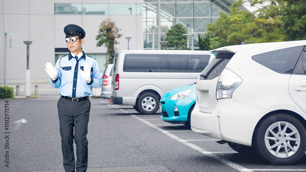 Fototapete 警察官、警察、警官、ダンス、踊る、警備員、警備、パーティー、コスプレ、お笑い、コメディ、全身、ギャグ、ふざける、制服、ハロウィン、セキュリティ、警備会社、防犯、防災、守衛、ガードマン、門番、職業、仕事、アルバイト、見張り、保安、ボディガード、交通整理、楽しい、男性、日本人、眼鏡、メガネ、面白い、パーティーグッズ、コメディアン、芸人、コント、漫才、スローモーション、駐車場、駐車、自動車、パーキング、