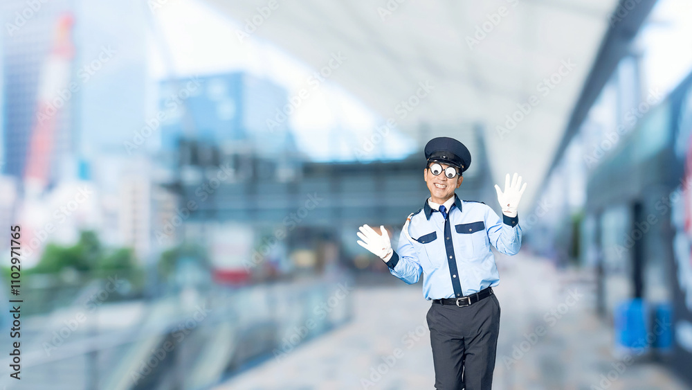 Leinwandbilder 警察官、警察、警官、ダンス、踊る、警備員、警備、パーティー、コスプレ、お笑い、コメディ、全身、ギャグ、ふざける、制服、ハロウィン、セキュリティ、警備会社、防犯、防災、守衛、ガードマン、門番、職業、仕事、アルバイト、見張り、保安、ボディガード、交通整理、楽しい、男性、日本人、眼鏡、メガネ、面白い、パーティーグッズ、コメディアン、芸人、コント、漫才、スローモーション、駅、駅前、都市、治安、社会、都会、