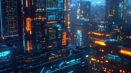 Fototapeta premium Futuristic cityscape with glowing neon lights and high-tech architecture.