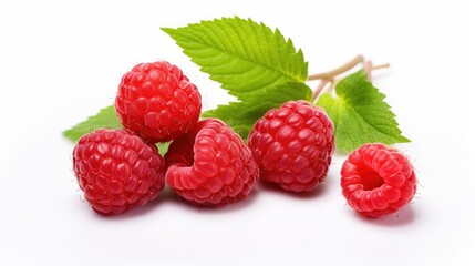 Fresh and vibrant raspberries with green leaves isolated on a white background showcasing delicious...