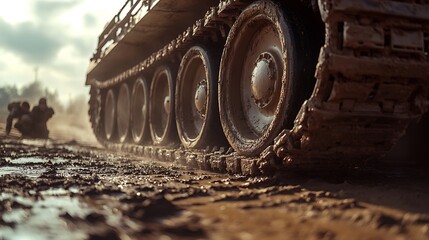 Close-up of a tank transporter’s wheels gripping the ground, detailed view of the tank’s side armor and cannon, soldiers working around it, harsh sunlight creating strong contrasts,