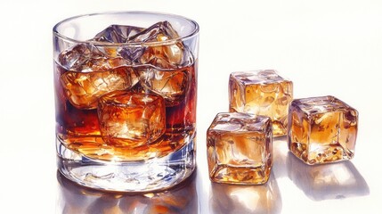Whiskey on the rocks with ice cubes in a glass showcasing rich amber tones and a classic presentation