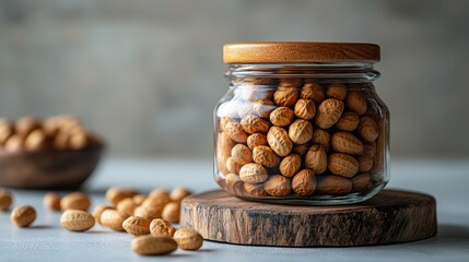 Glass jar filled with peanuts on a wooden base with peanuts scattered around against a neutral blurred background