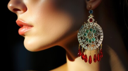 Elegant close-up of a woman showcasing exquisite jewelry earrings with intricate designs and vibrant gemstones capturing the essence of luxury.