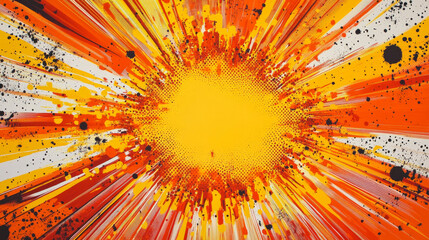 Illustration of an explosion with orange and yellow colors with copy space in middle and rays of colours of the impact going from the center
