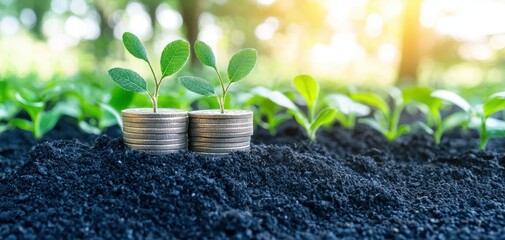 Environmental Consideration concept. The image depicts young plants sprouting from soil beside stacked coins, symbolizing growth, investment, and sustainability in agriculture.