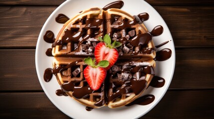 Delicious waffles drizzled with chocolate sauce and topped with fresh strawberries on a white plate served on a rustic wooden table