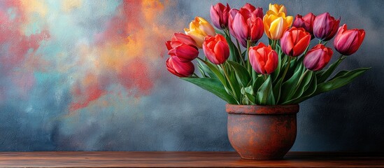 Elegant tulip bouquet in rustic pot on wooden table against vibrant textured wall backdrop with warm tones and soft lighting.