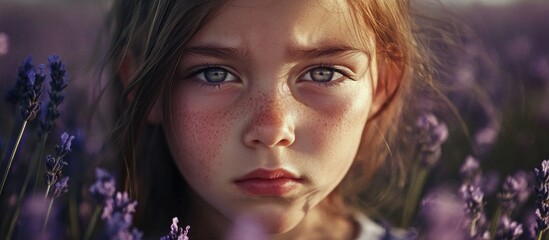Obraz premium Young girl expressing emotions in a vibrant lavender field with striking eyes and natural beauty.