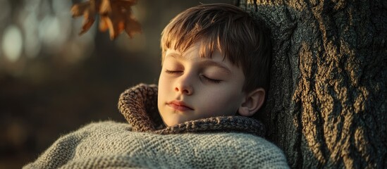 Boy peacefully relaxing against a tree wearing a cozy knitted sweater in a tranquil outdoor setting.