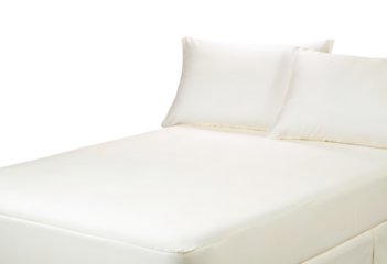White fitted bed sheet with two pillows isolated with transparent background