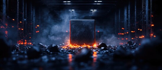 Reinforced concrete manufacturing process showcasing industrial environment with dramatic lighting and molten materials for construction themes