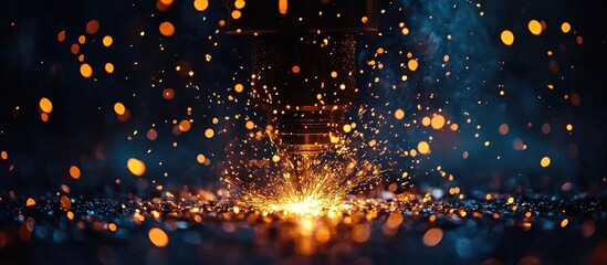 CNC milling machine producing metal components with sparks flying in dark factory environment showcasing advanced industrial technology and machining.