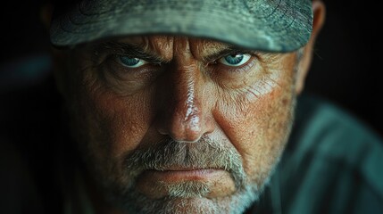 Intense mature man wearing a baseball cap displaying a serious expression and piercing blue eyes, evoking strong emotions and determination