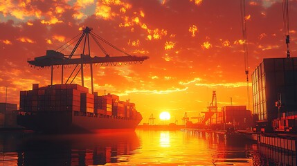 Crane truck hoisting a heavy container over the edge of a massive cargo ship, the dock filled with vibrant shipping crates, port cranes silhouetted against a setting sun, water reflections,