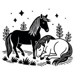Obraz premium Print the image is a black and white line drawing of two horse.