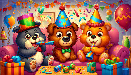 Join the fun as these adorable party animals celebrate with joy, confetti, and balloons! Watch them enjoy the party with their festive hats and noisemakers, spreading cheer all around