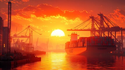 Fototapeta premium Crane truck hoisting a heavy container over the edge of a massive cargo ship, the dock filled with vibrant shipping crates, port cranes silhouetted against a setting sun, water reflections,