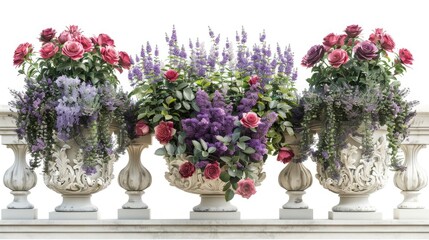 balcony garden featuring a variety of plants, including roses and lavender, hanging in ornate white stone planters on a white background
