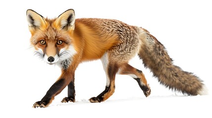 Fototapeta premium A funny fox trying to sneak up, getting caught on a white background