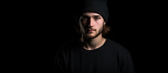 Young male in black beanie and dark clothing poses against a minimal black background for a striking portrait image.