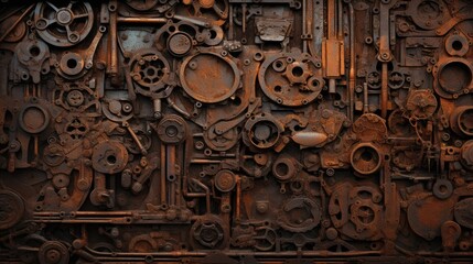 Rustic metal scrap wall art texture featuring an array of industrial gear and machinery components for creative design use.