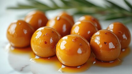 Stuffed olives arranged in a decorative manner with a garnish on a marble surface showcasing their glossy appearance on a white background
