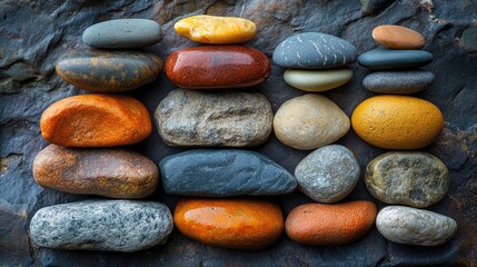 Balanced arrangement of colorful stones and pebbles showcasing harmony and natural beauty on a textured surface