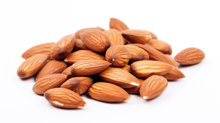 Fototapeta premium Roasted almond nuts piled on a clean white background showcasing their natural texture and color for nutritious snack and culinary use