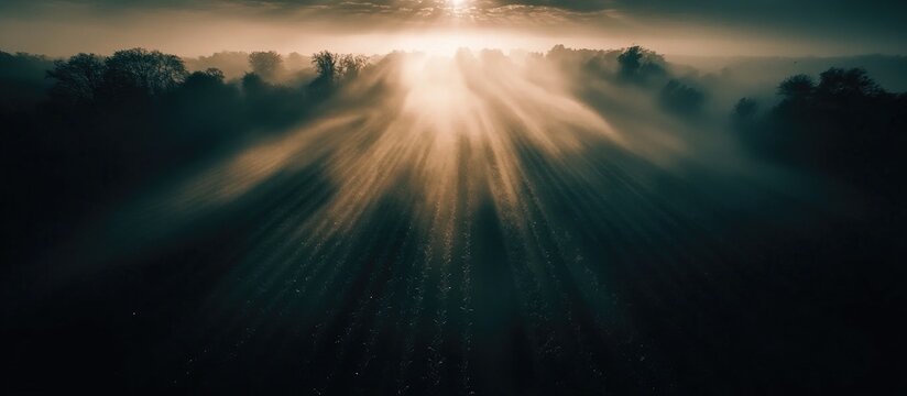 Aerial view of misty crop fields at sunrise highlighting agricultural practices and landscape beauty in an ethereal atmospheric setting
