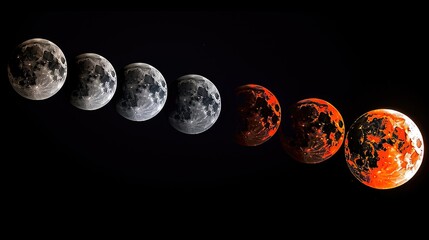 Phases of Totality in a Lunar Eclipse Showcasing the Moon's Transition from Brightness to Deep Red
