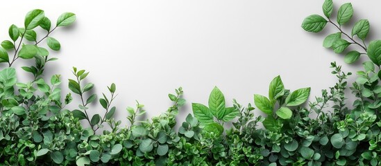 Fototapeta premium White frame adorned with lush green leaves and branches providing ample copy space for text and design elements