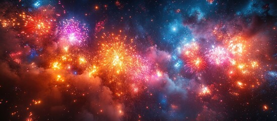 Naklejka premium Vibrant and colorful fireworks display lighting up the night sky with dazzling bursts and shimmering sparkles in a festive atmosphere