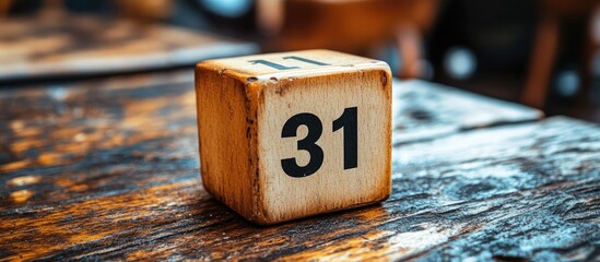 Wooden calendar block displaying date 31 on rustic table background representing time and monthly transitions in a cozy setting