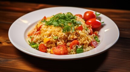 Delicious special fried rice garnished with fresh vegetables and tomatoes served on a plate against a rustic wooden table backdrop