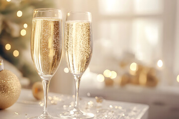 Champagne glasses with golden sparkles and bubbles, capturing the elegance and joy of New Year toasts and celebrations