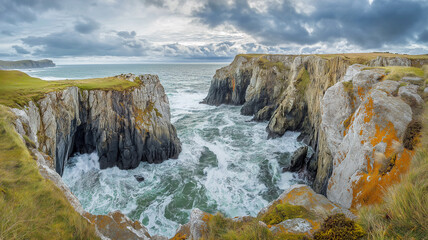 Cliffside overlooking a stormy ocean.