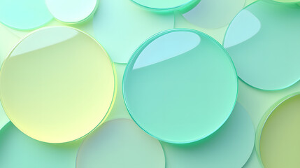 Abstract background with overlapping translucent circles in pastel green and yellow hues.  Smooth, glossy texture. Minimalist and modern design.