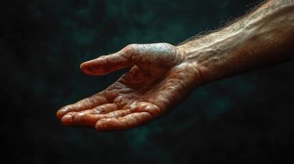 Human hand reaching out in a gesture of connection and support on a dark moody background highlighting skin texture and details.